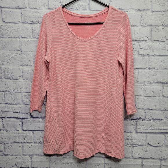 J Jill Purejill Striped V-Neck High Low Tunic Top Size XS Pink 100% Cotton Knit - Picture 1 of 8